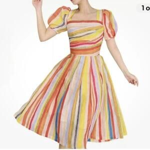 Mr Water Women's Rainbow Milkmaid Dress Size XL 10 Striped Puff Sleeves Feminine